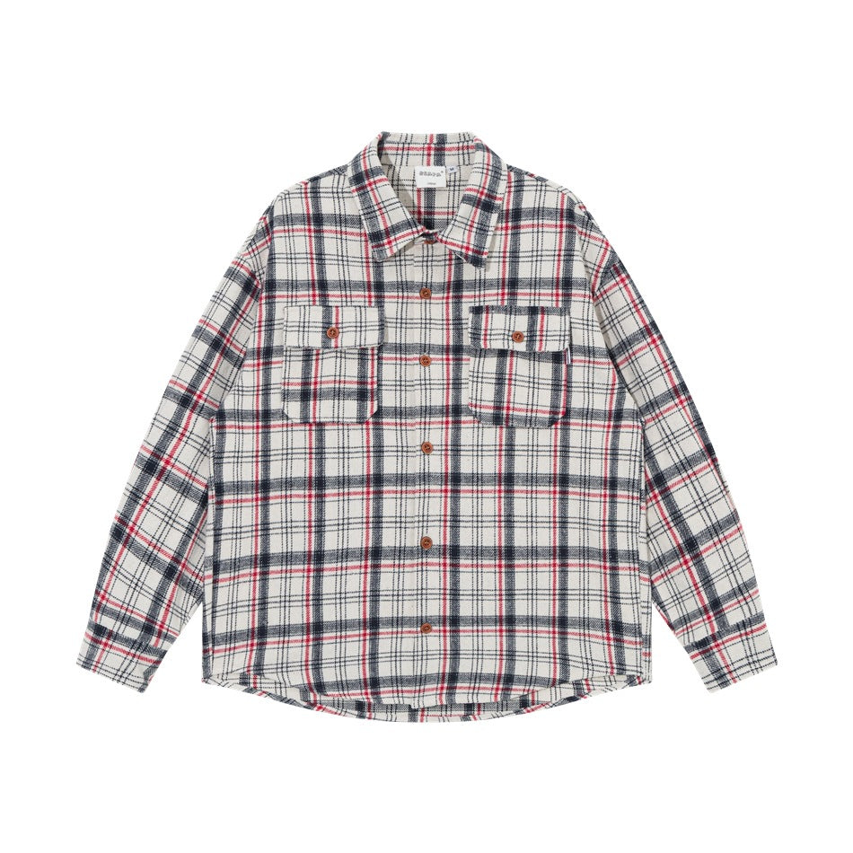White plaid button-front shirt with navy and red checks, flap chest pockets and brown buttons, flat lay front view