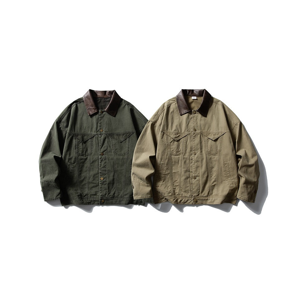 Two front-facing jackets: one dark olive and one khaki, both with dark brown collars and snap fronts.