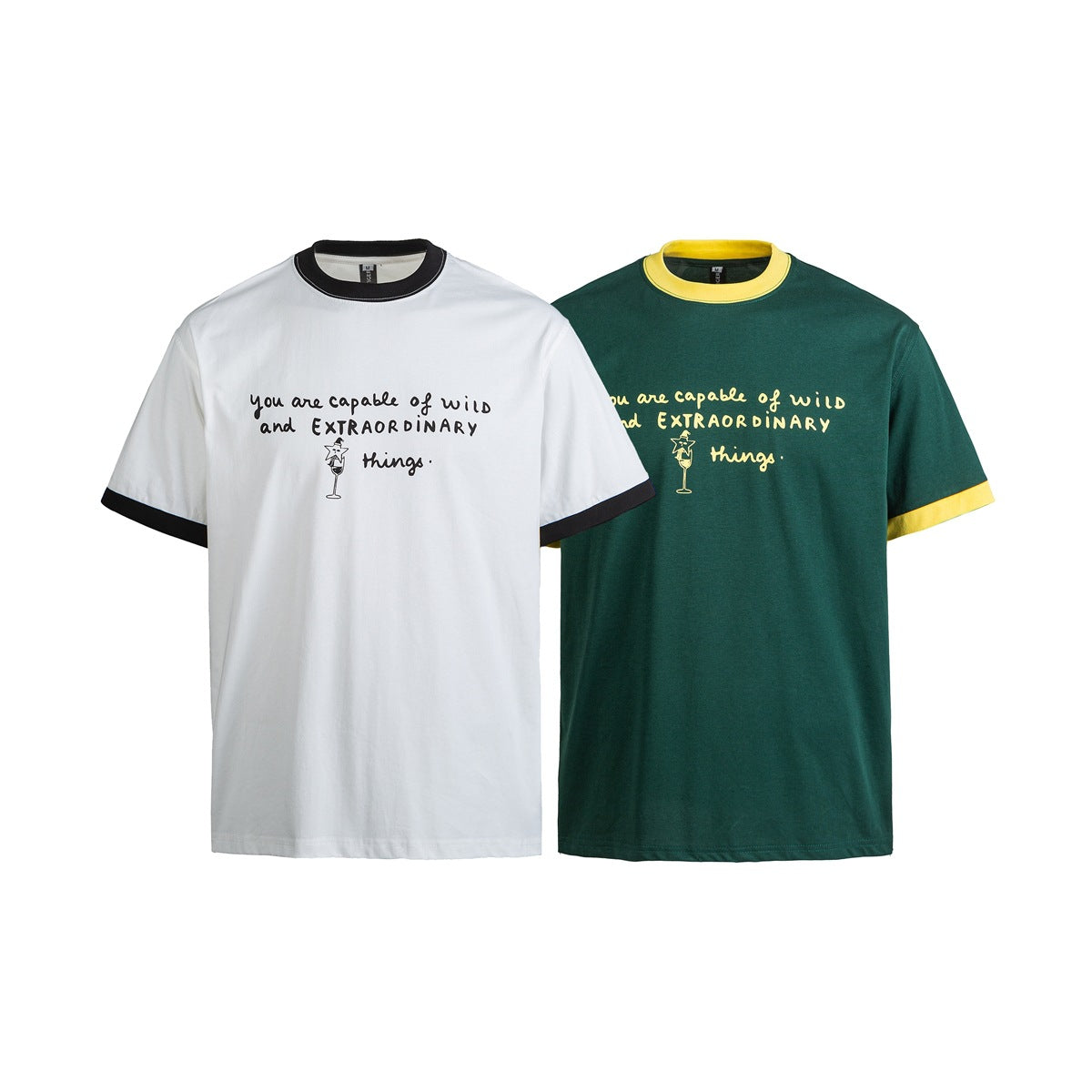 Two short-sleeve slogan T-shirts shown from the front: white with black trim and dark green with yellow trim.