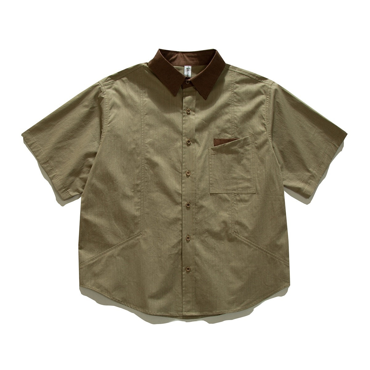 Khaki short-sleeve button-up shirt with brown collar, chest pocket and curved hem, flat lay front view