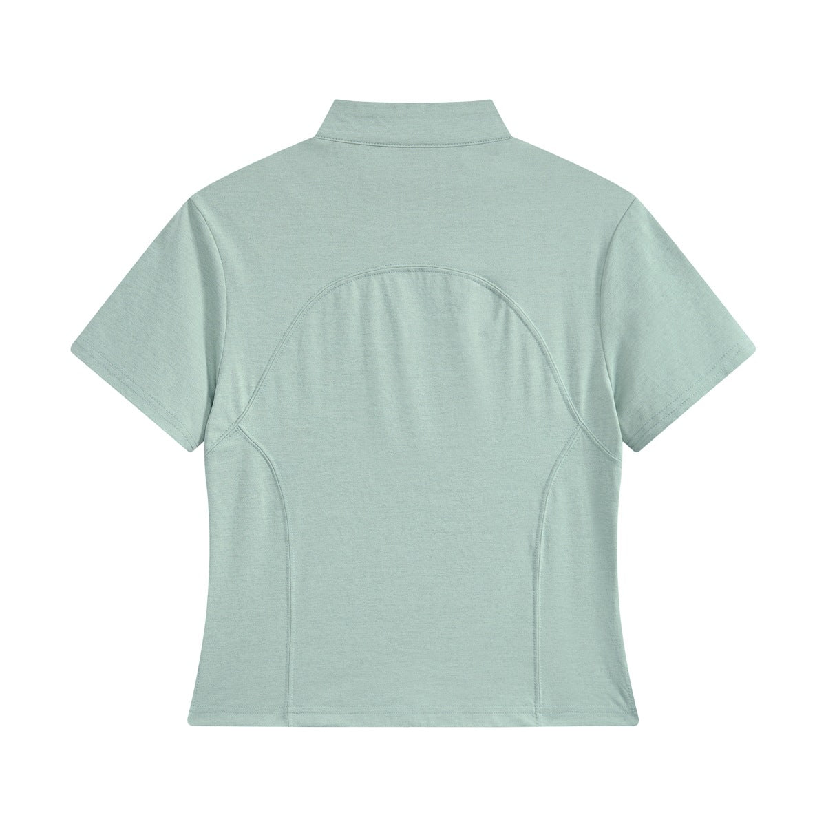 Back view of a pale mint short-sleeve zip top with a stand collar and curved panel seams.