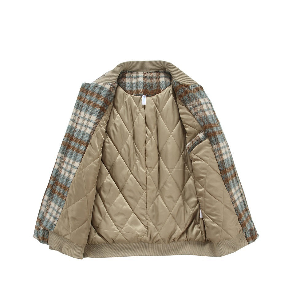 Plaid jacket opened to show its beige diamond-quilted lining and ribbed trim.