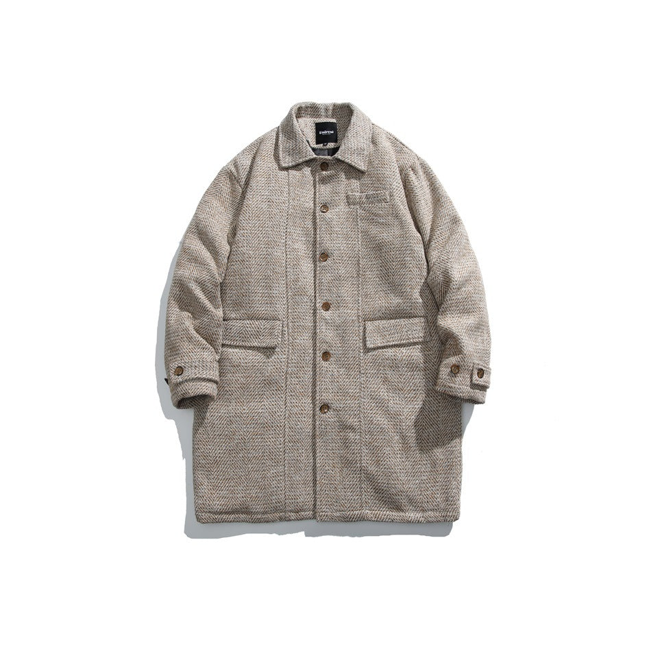 Khaki herringbone-textured mid-length button-front coat with point collar and flap pockets, flat lay