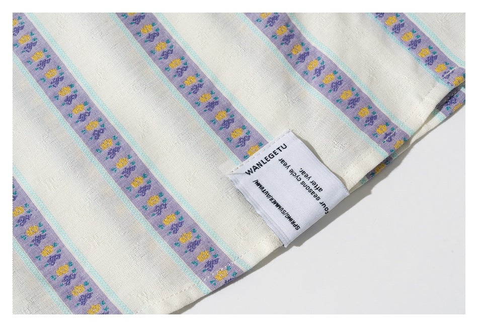 Close-up of the shirt’s floral-striped fabric and a sewn-in white label with English text.