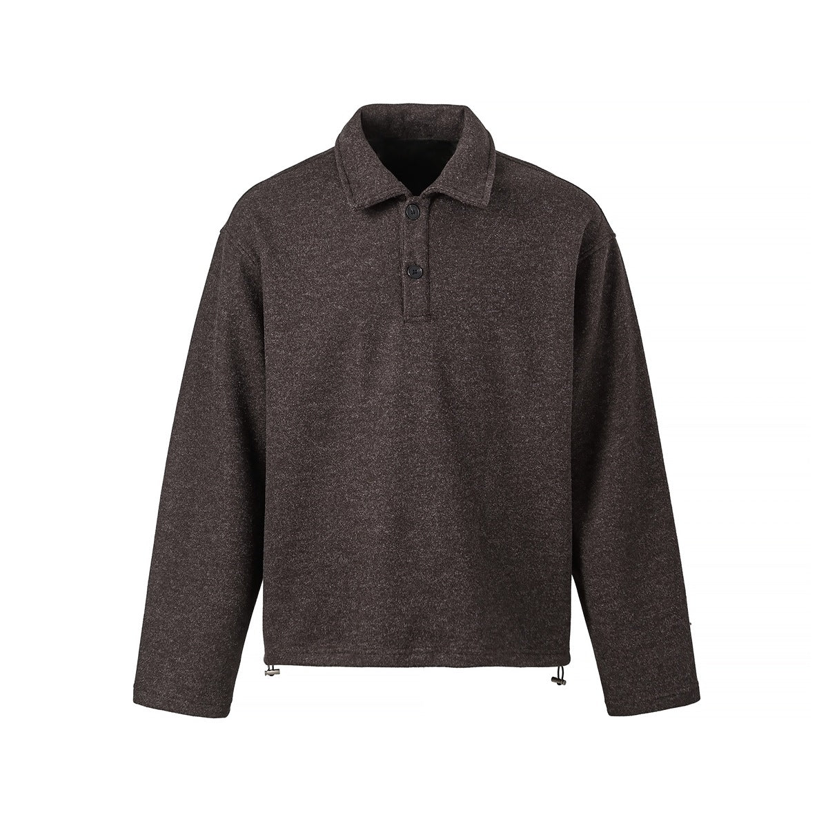 Brown heathered long-sleeve polo-style pullover with two buttons and hem drawcords, front view