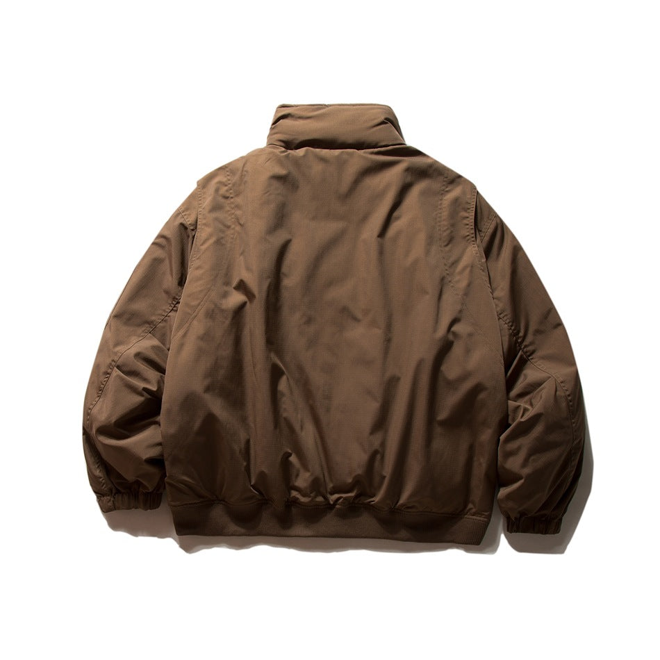 Back view of a brown jacket with a high collar, long sleeves, and a ribbed hem.