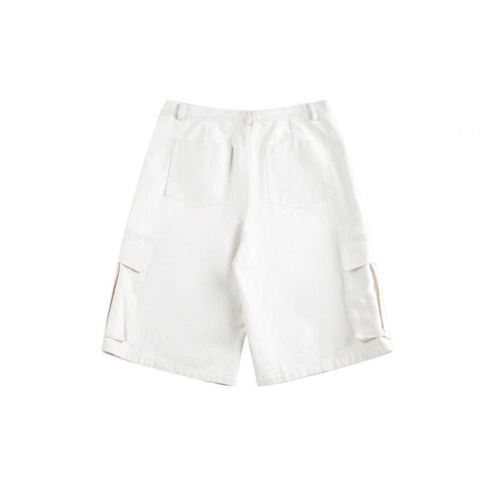 Back view of white knee-length cargo shorts with two rear pockets and side flap pockets.