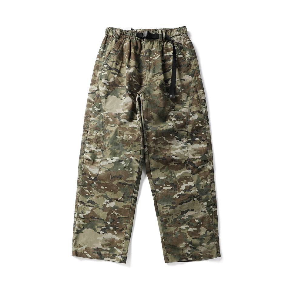 Flat-lay front of wide-leg pants in a green camouflage print with elastic waist and black buckle belt