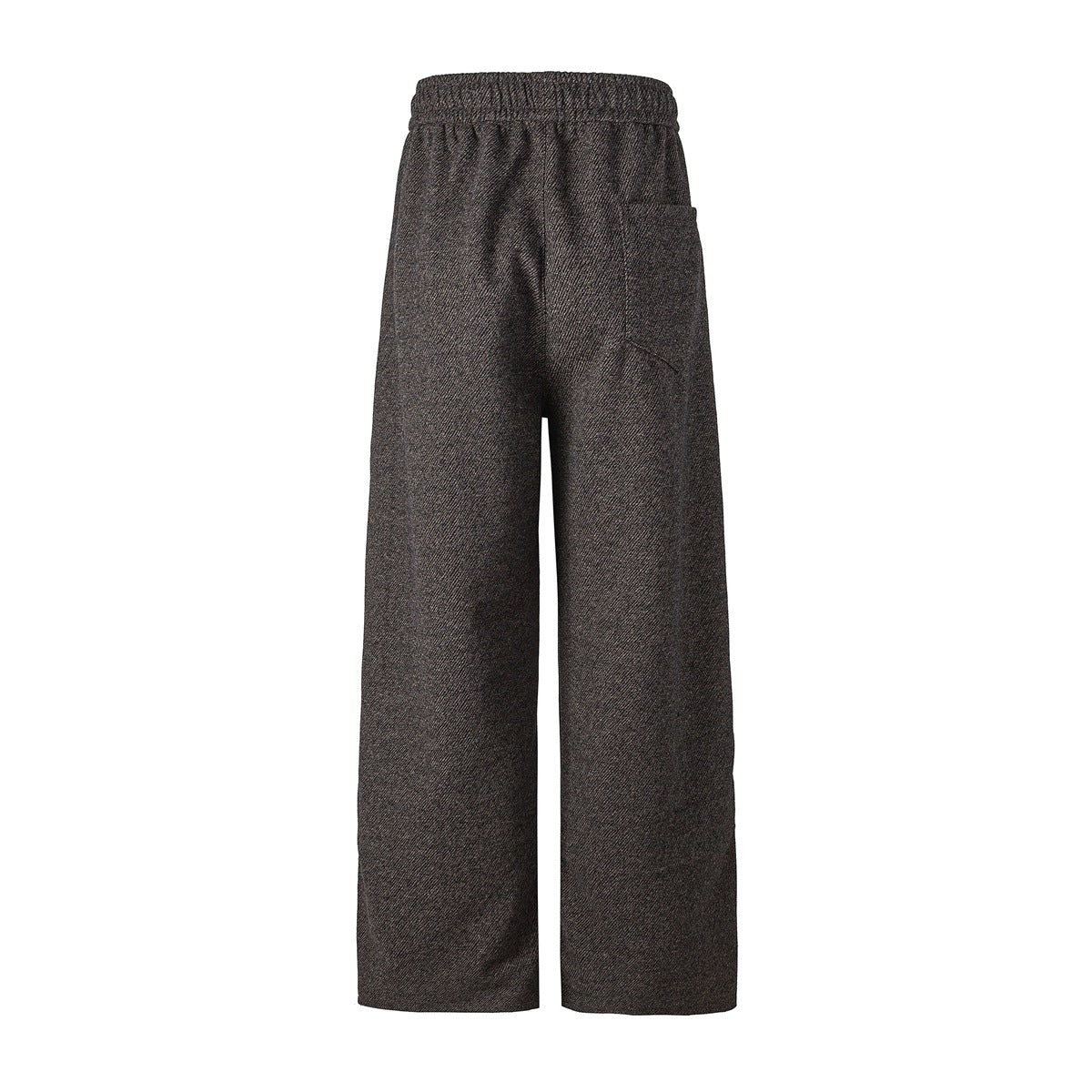 Back view of brown heathered wide-leg trousers with an elastic waistband and side pockets.