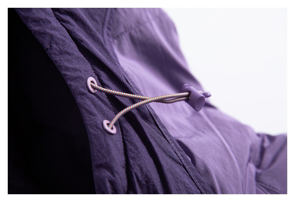 Close-up of a purple jacket’s multicolored drawcord, eyelets and toggle.