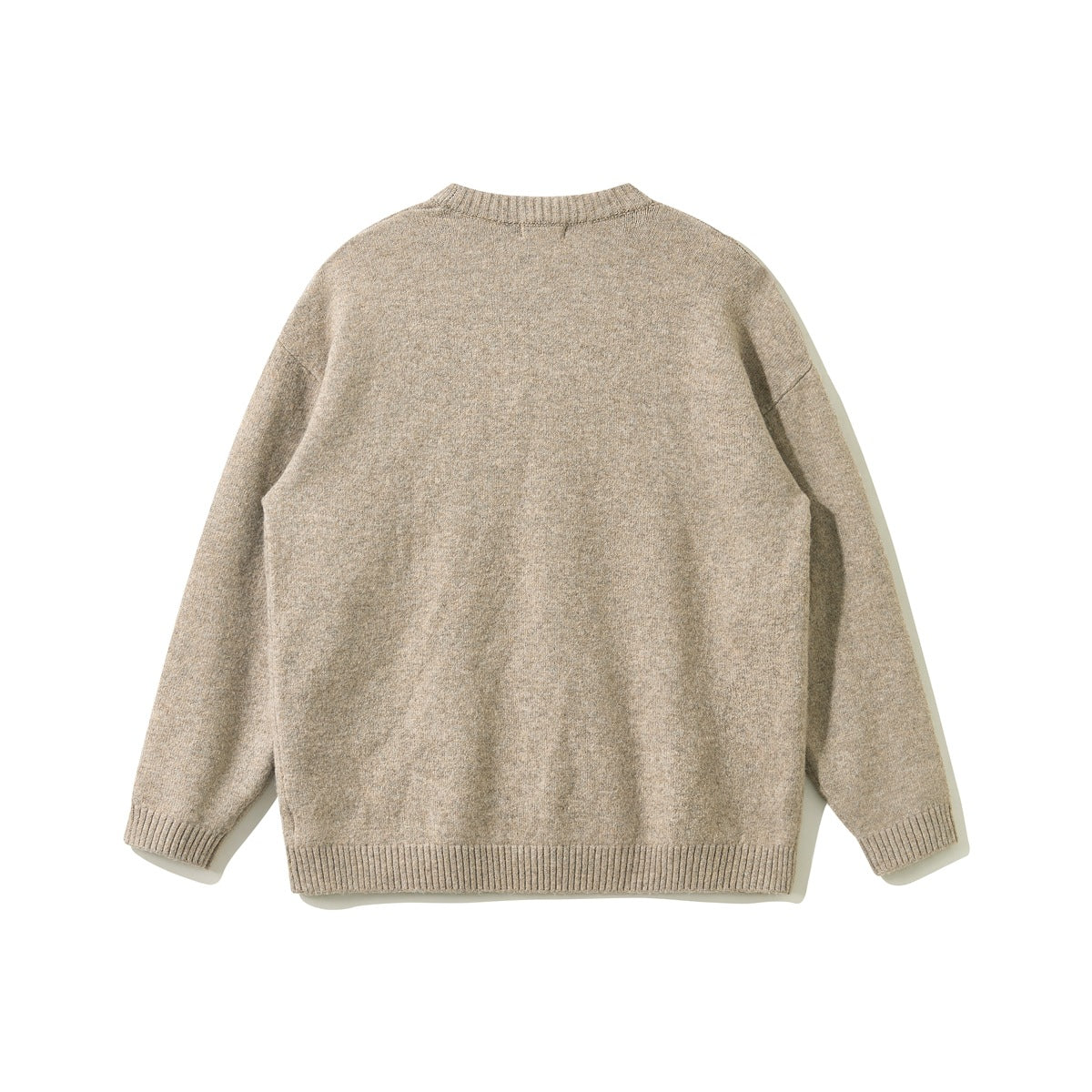 Back of a beige heathered crewneck sweater with long sleeves and ribbed collar, cuffs, and hem.
