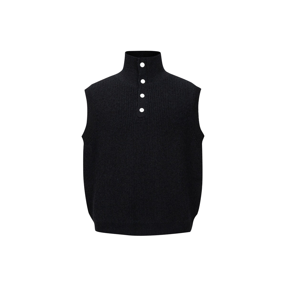 Black ribbed knit sleeveless vest with stand collar and four white buttons, front view on plain white background