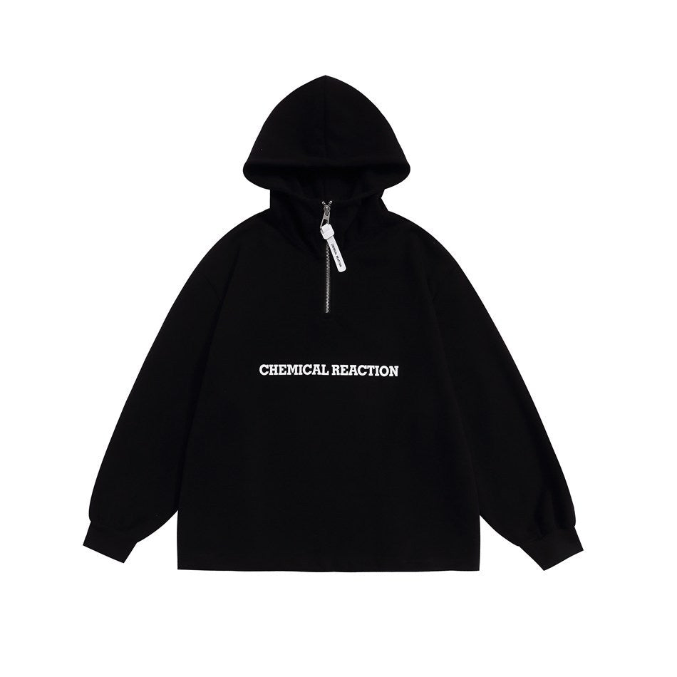 Black quarter-zip hoodie with white 'CHEMICAL REACTION' chest print, flat front view