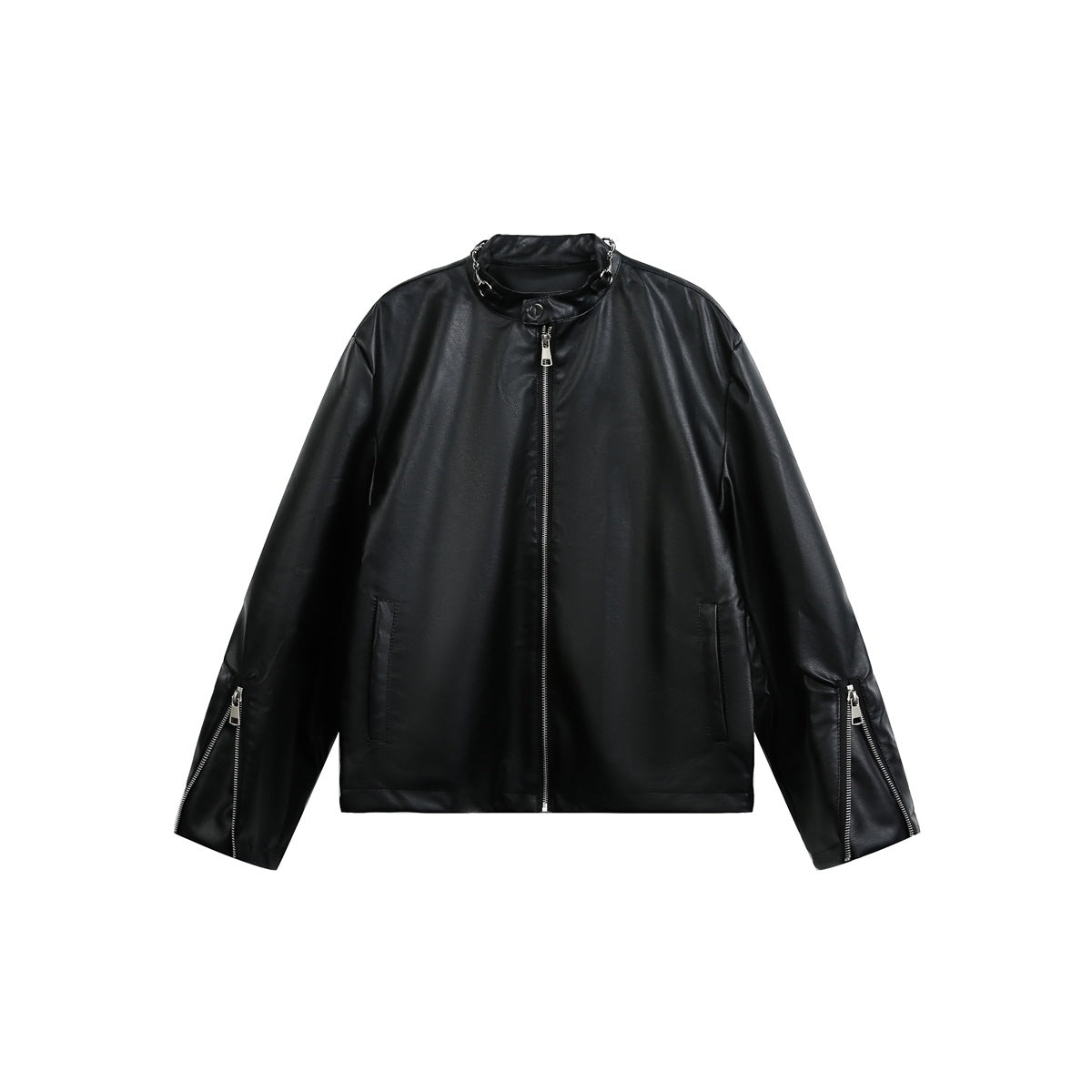 Black faux-leather-look moto jacket with stand collar, chain trim, center zip and zippered cuffs, flat front view