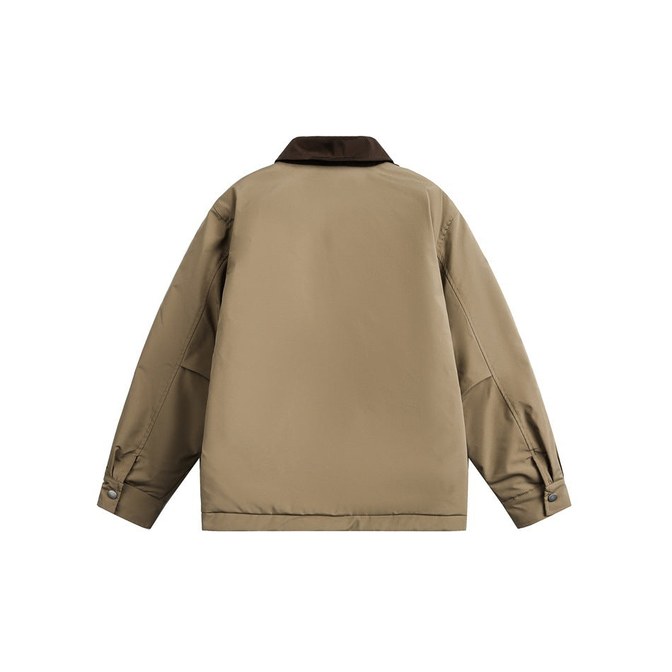 Back view of khaki jacket with brown collar, sleeve seams and snap-button cuff tabs on a white background