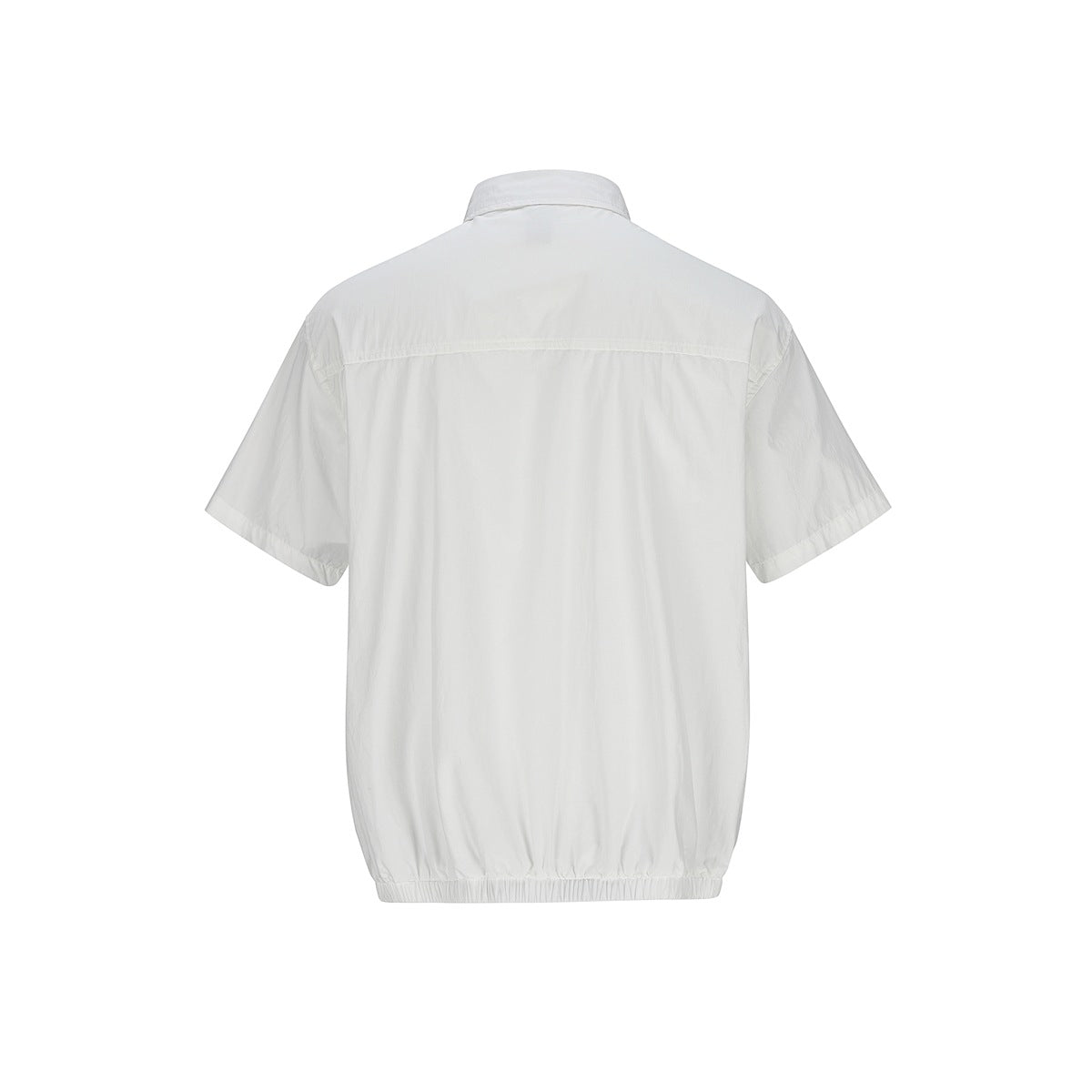 Back view of a white short-sleeve button-up shirt with a yoke seam and gathered hem.
