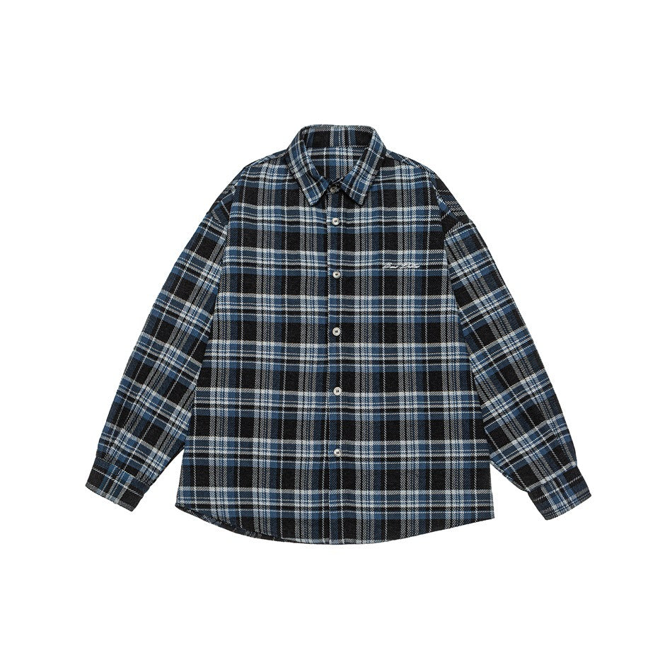 Front view of a blue, black, and white plaid button-up shirt with long sleeves and a chest logo.
