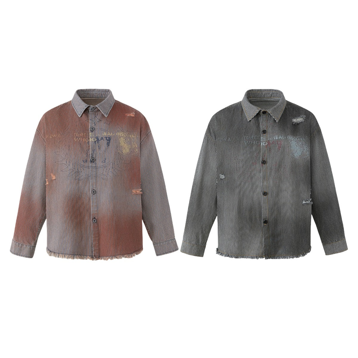 Two front views of distressed pinstriped button-up jackets, one rust brown and one charcoal gray.