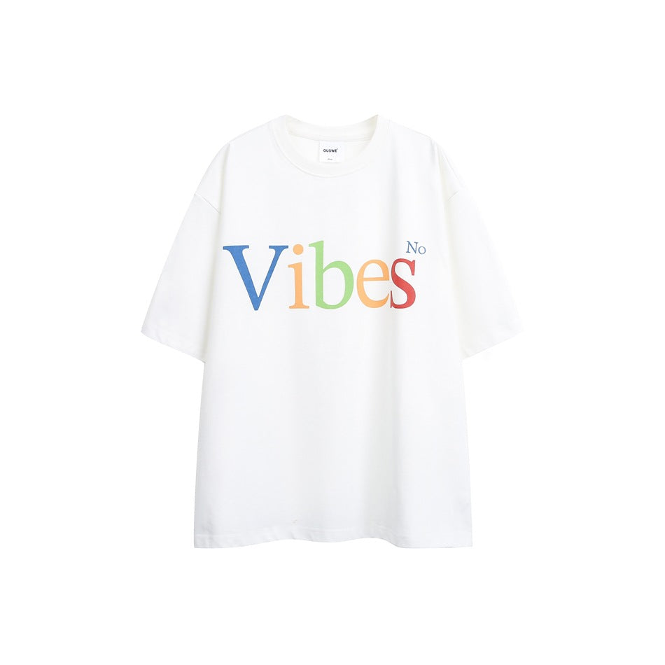 Off-white short-sleeve crew-neck T-shirt with a multicolor serif Vibes print on the chest, flat front view