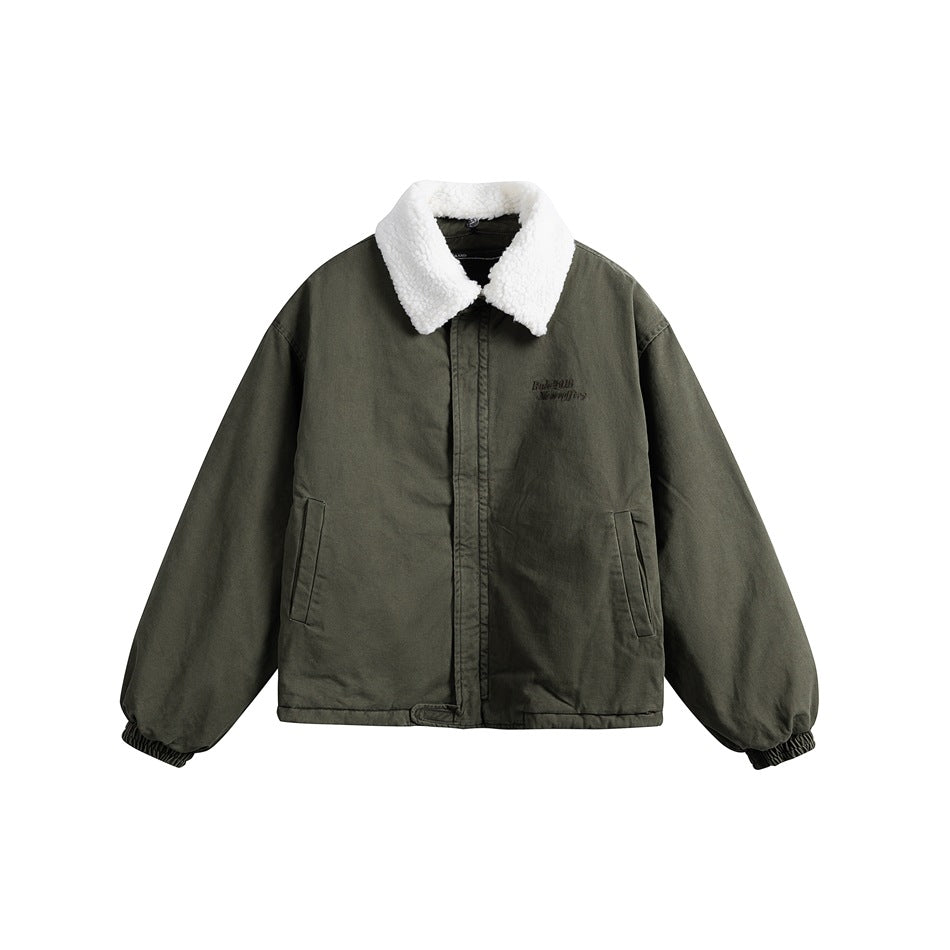 Army green jacket with white fleece-textured collar, concealed front closure, slanted pockets and elastic cuffs, flat front
