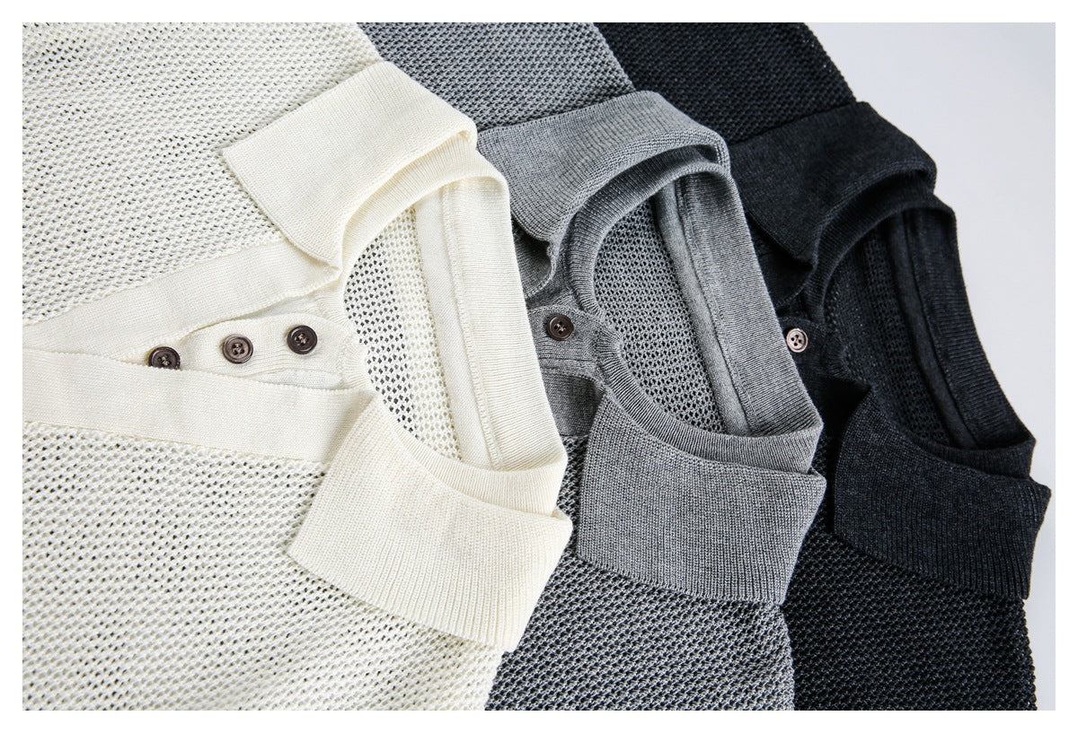 Three textured knit polo tops in ivory, gray, and black, arranged together to show their collars and button plackets.