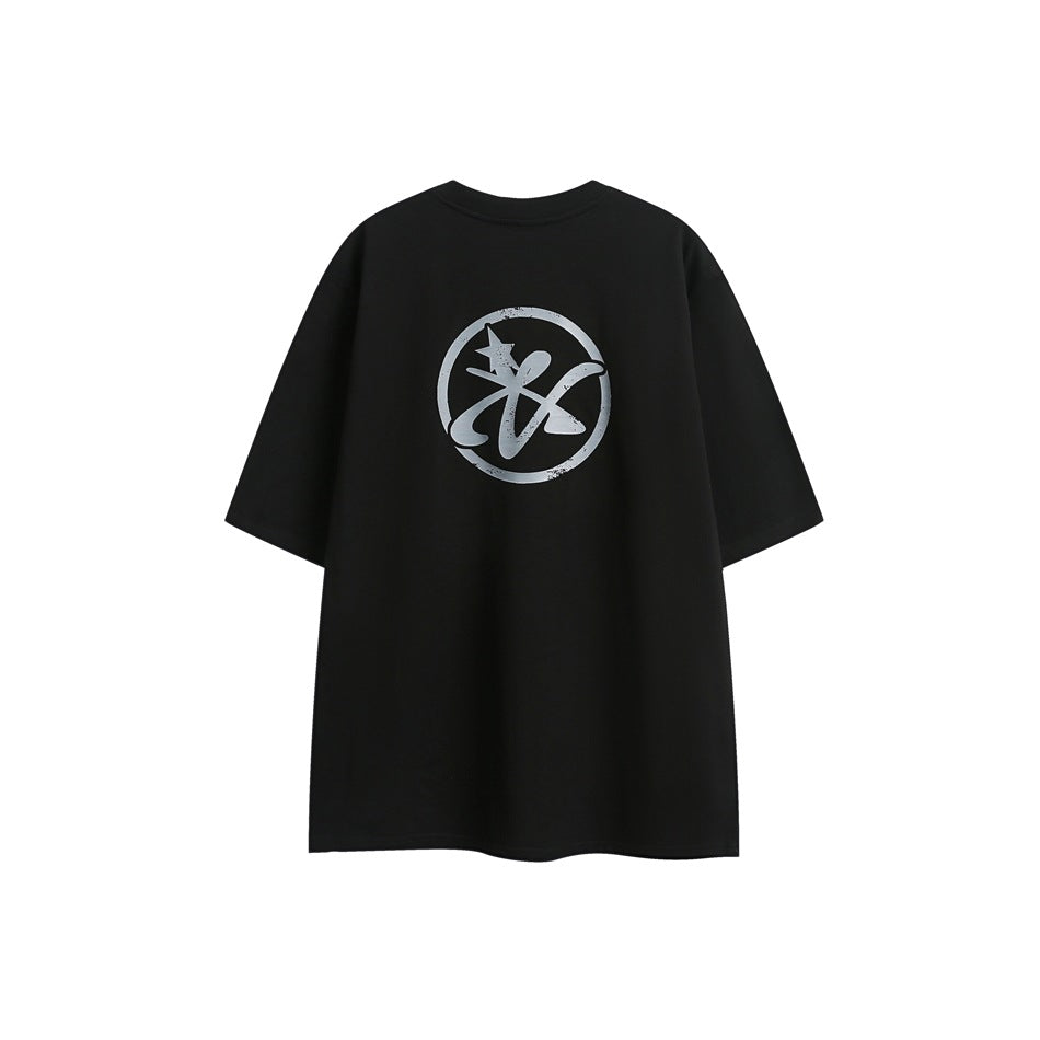 Back view of a black short-sleeve T-shirt with a silver circular graphic.