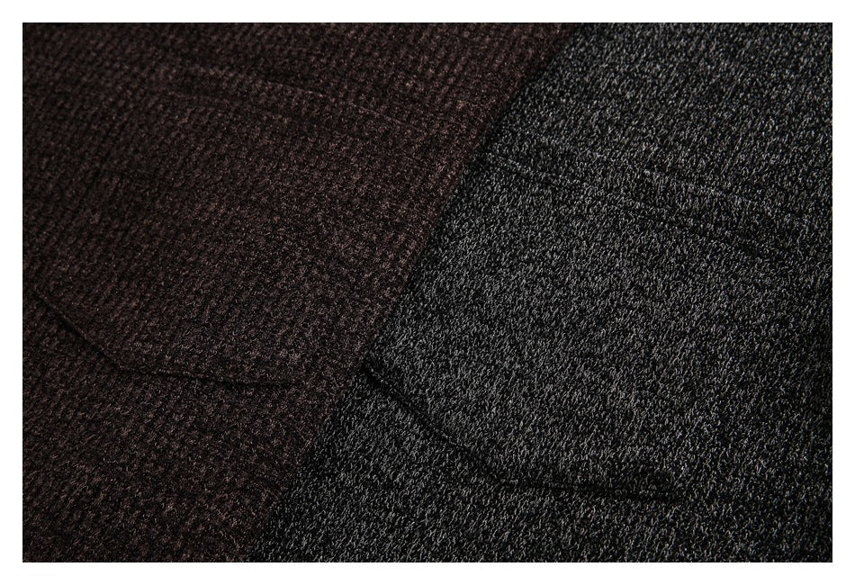 Close-up comparison of the brown and charcoal garments' textured fabric.