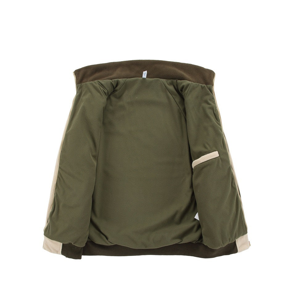 Open flat-lay view of a cream and olive jacket, showing its olive lining and inner pocket.