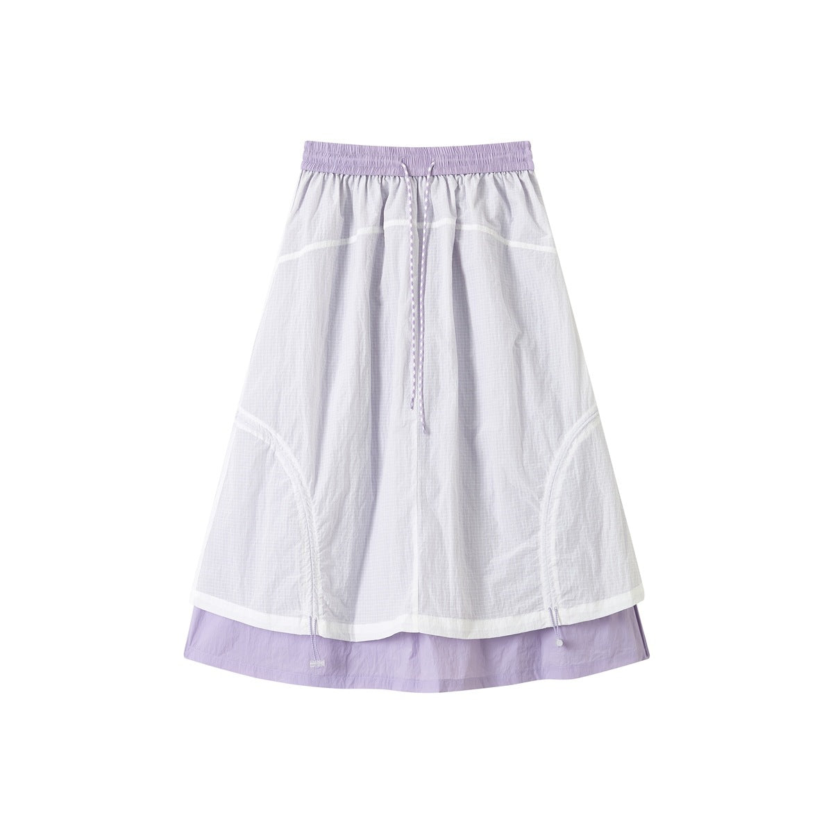 Light purple double-layer midi skirt with sheer overlay, drawstring waist and curved side ruching, flat front view