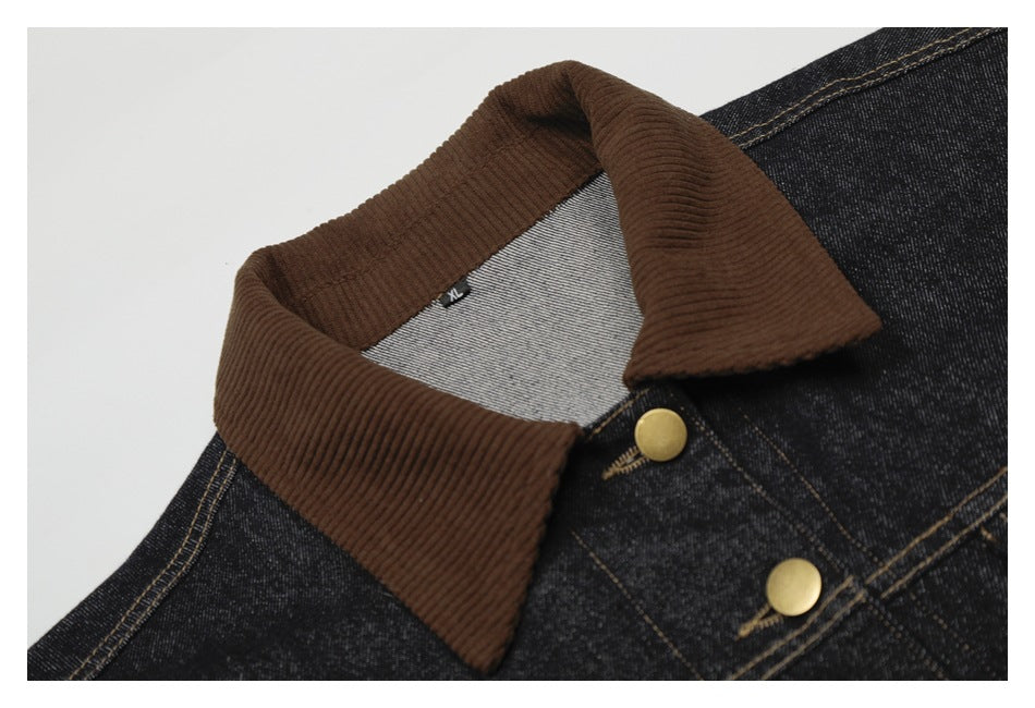 Close-up of the jacket’s brown ribbed collar, inner XL size label and brass-tone front buttons.