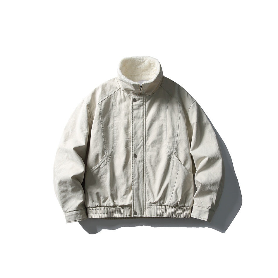 Off-white stand-collar jacket flat lay with cream fleece-like collar, zip placket, slanted pockets and ribbed hem