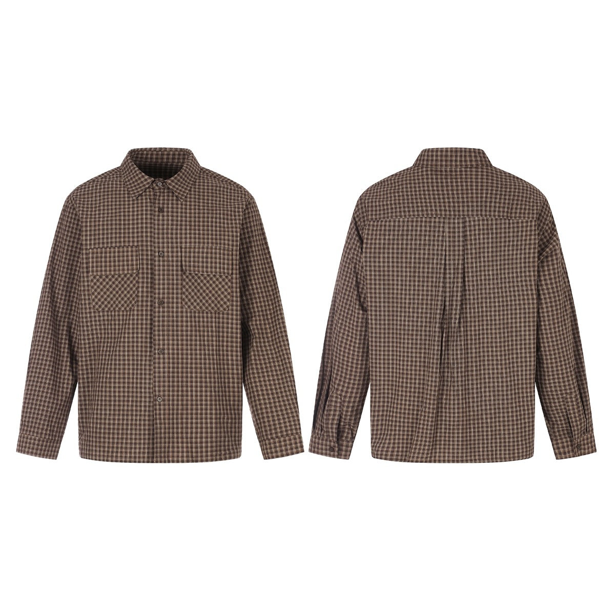 Front and back views of a brown plaid long-sleeve button-up shirt with two chest pockets.