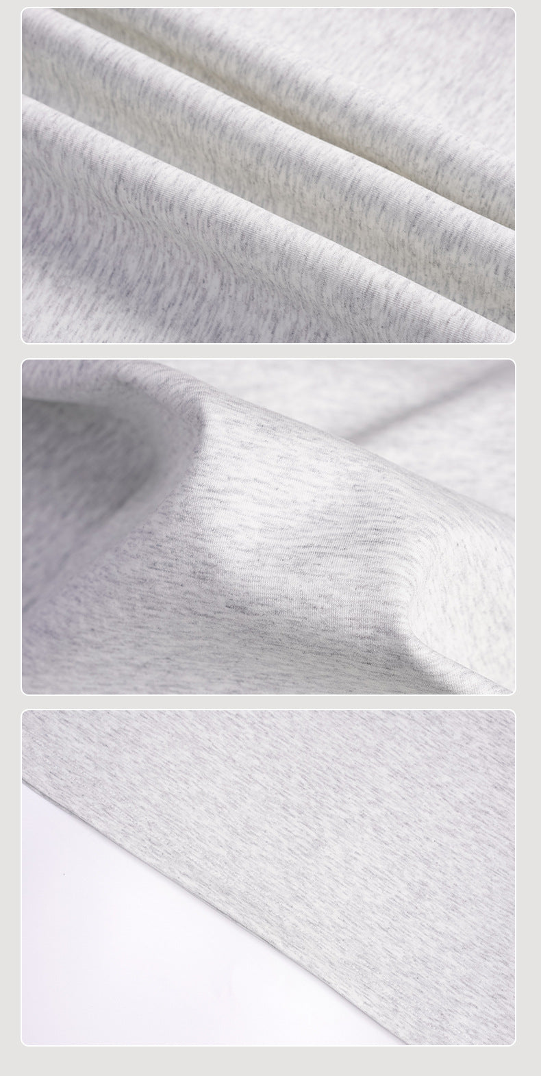 Close-up views show the light gray heather fabric's surface and drape.