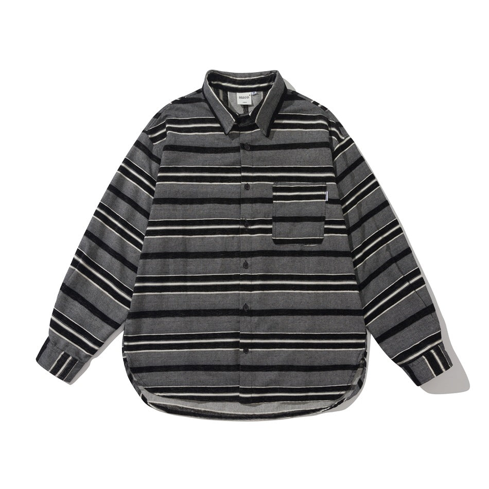 Black and gray striped long-sleeve button-up shirt with chest pocket, flat lay front view