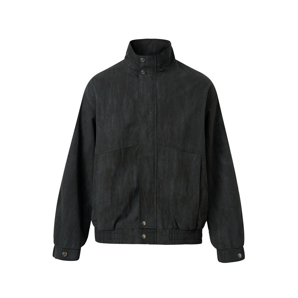 Black stand-collar bomber-style jacket, front view, with snap placket, slanted pockets and elastic hem