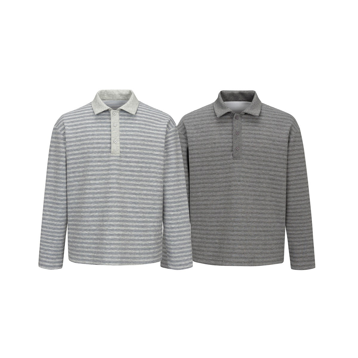 Two long-sleeve striped polo shirts shown from the front: one light gray and one dark gray.
