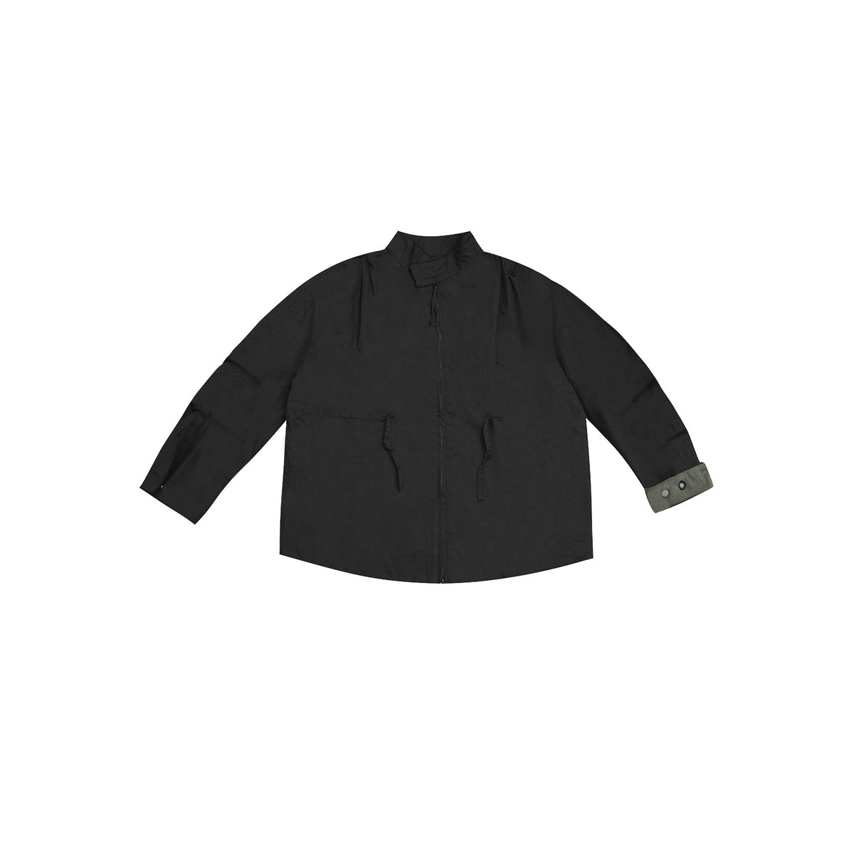 Black stand-collar zip jacket flat lay with waist tabs and an olive-gray folded cuff with snaps