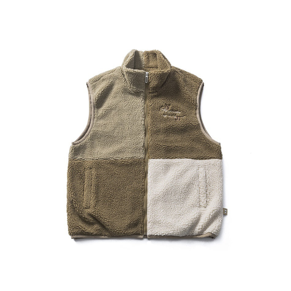 Khaki, sage and cream color-block fleece-textured zip vest with stand collar, flat lay front view