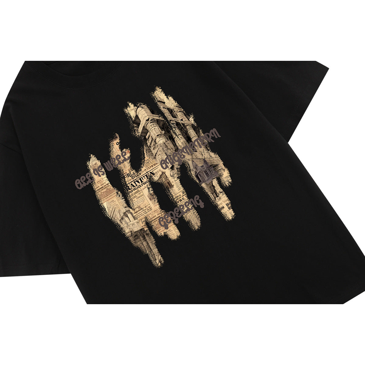 Black short-sleeve T-shirt with a beige architectural collage and stylized lettering across the front.