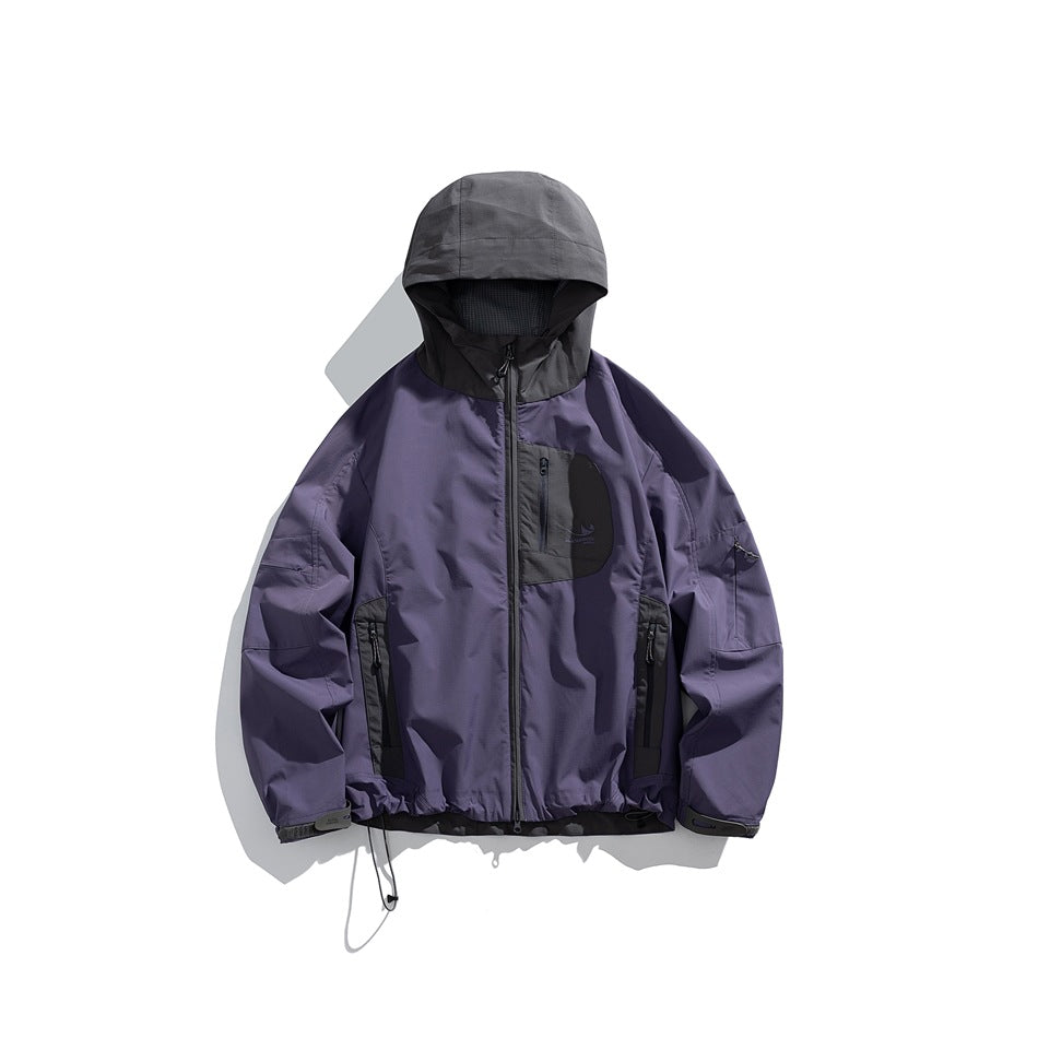 Dark purple hooded zip jacket with charcoal gray hood, chest panel and pocket panels, front view on white background