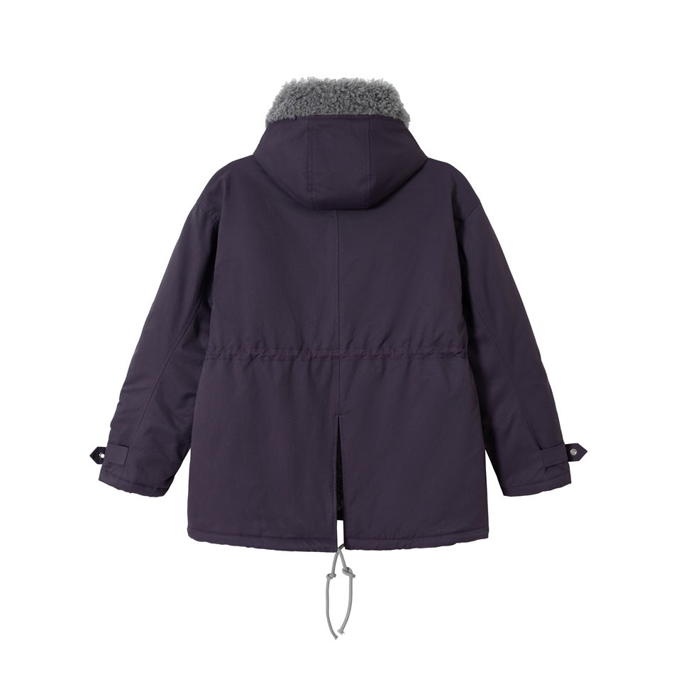 Back view of a deep plum hooded parka with a gray textured collar, cuff tabs and an adjustable hem cord.