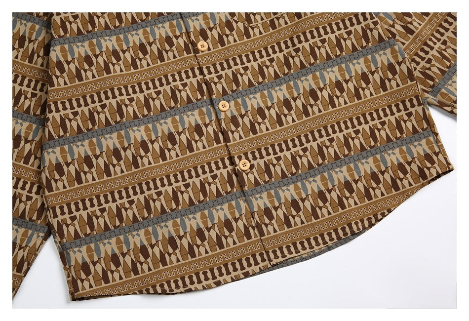 Flat-lay view of a brown geometric-print button-up shirt, showing its front, chest pocket, buttons and hem.