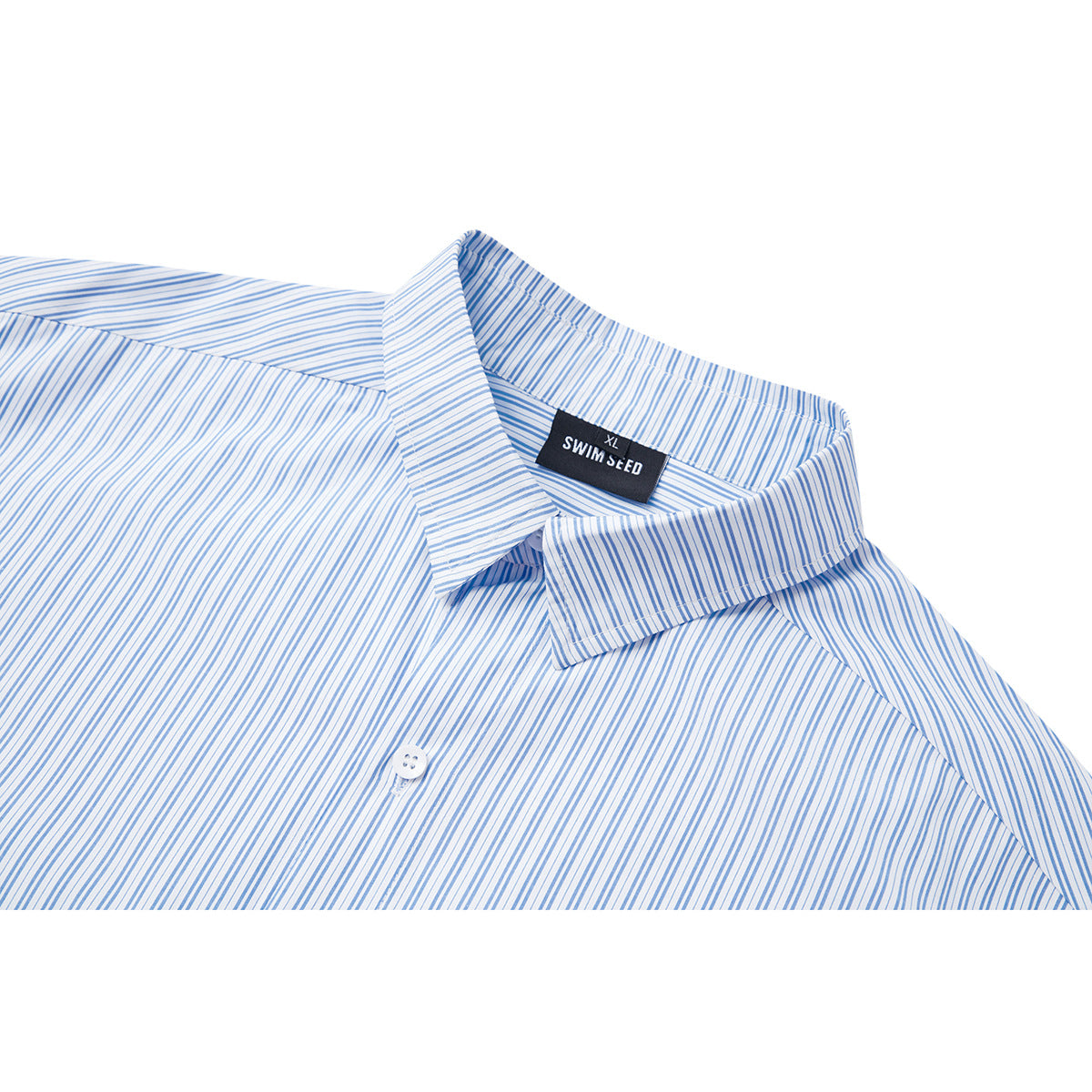 Close-up of a white shirt with fine blue stripes, pointed collar, button, and black SWIM SEED neck label.