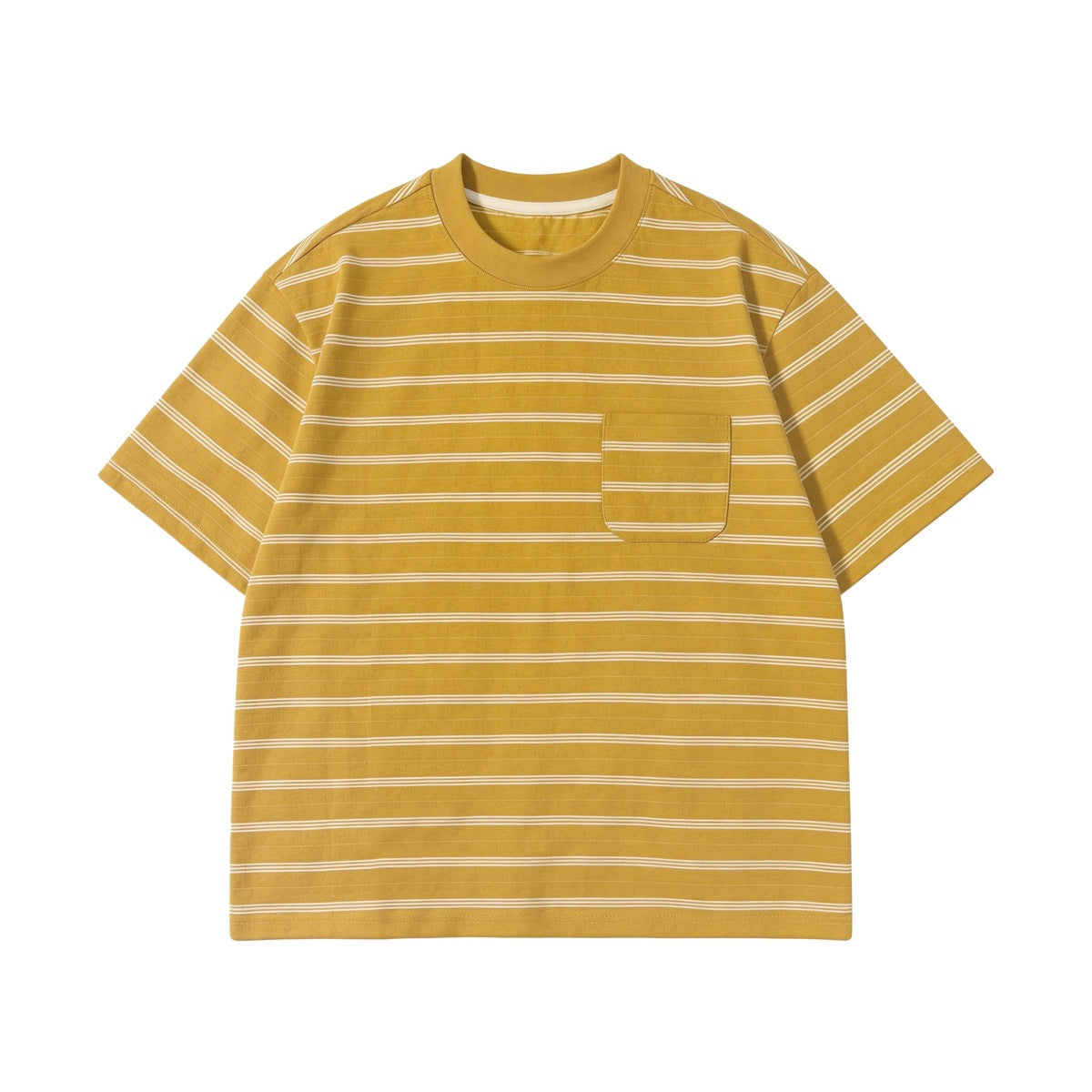 Mustard yellow striped short-sleeve crew-neck T-shirt with chest pocket, front flat view