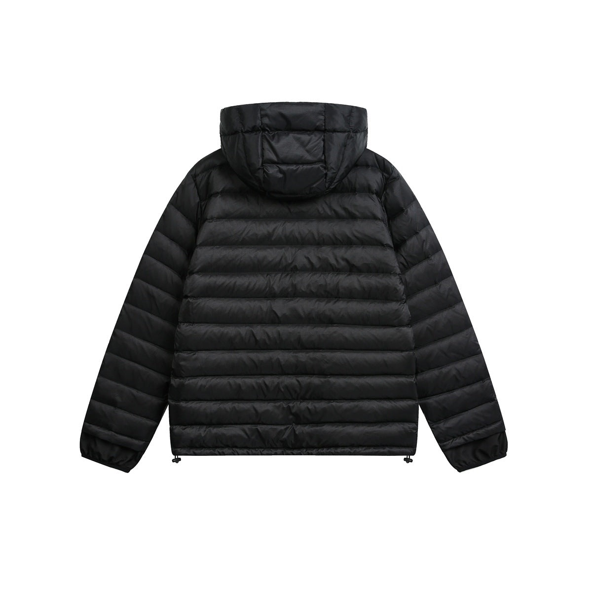 Back view of a black hooded puffer jacket with horizontal quilting.