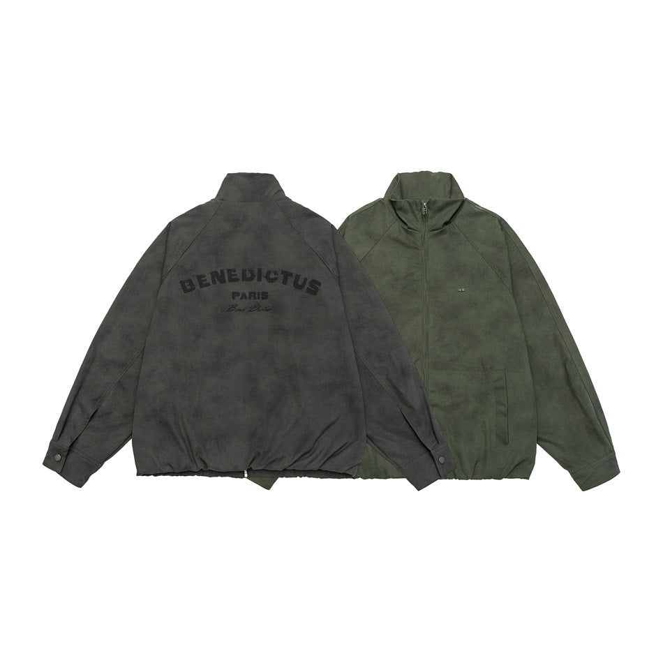 Two jackets displayed together: charcoal back view with lettering and olive-green front view.