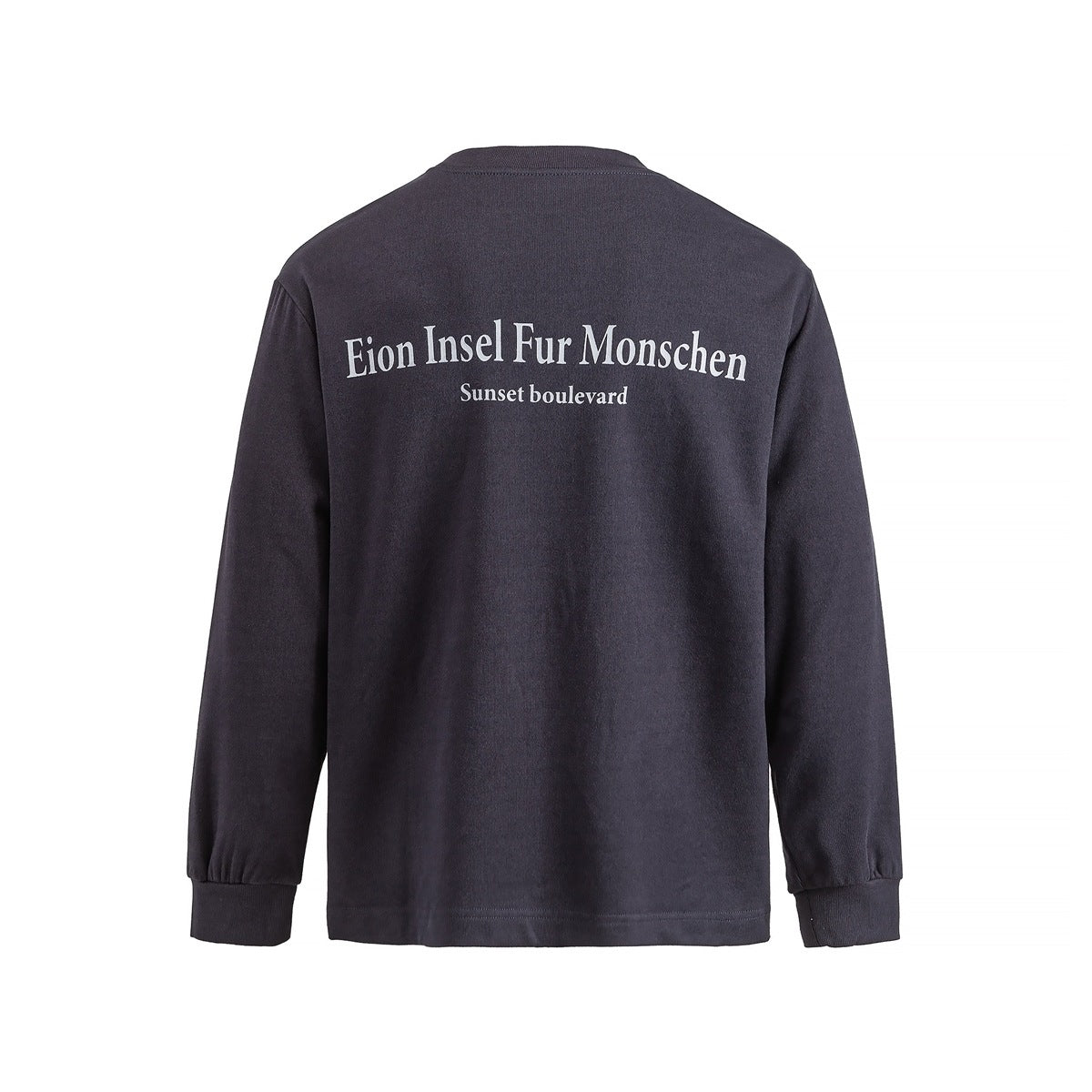 Back view of gray long-sleeve top with large white English text print across the upper back and ribbed cuffs