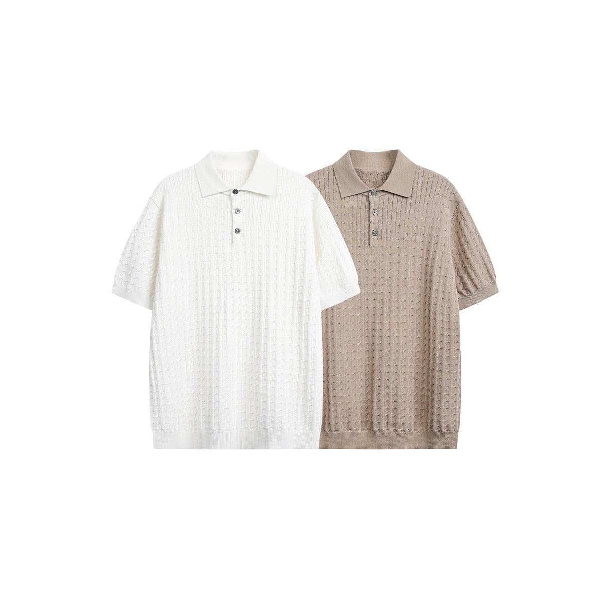 Two short-sleeve textured polo shirts shown from the front in white and taupe.