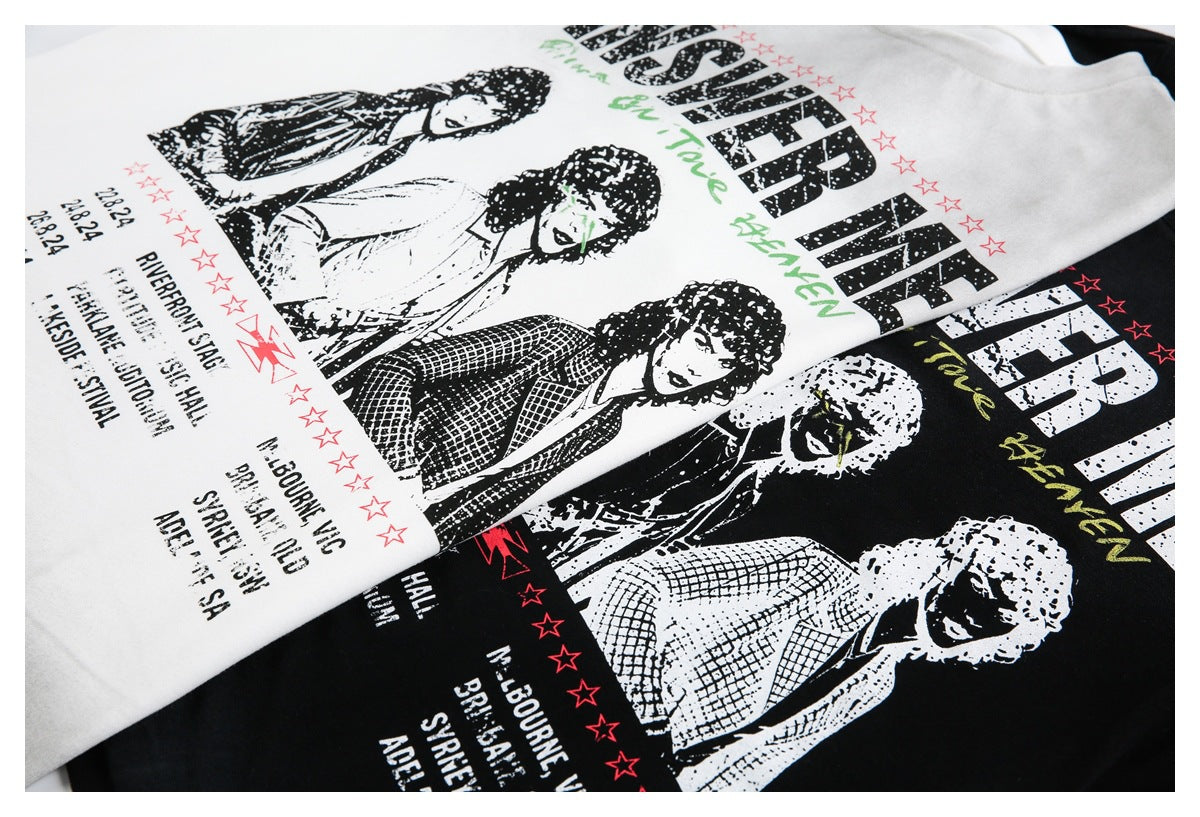 White and black graphic T-shirts laid together, printed with band portraits, lettering, red stars and tour-style details.