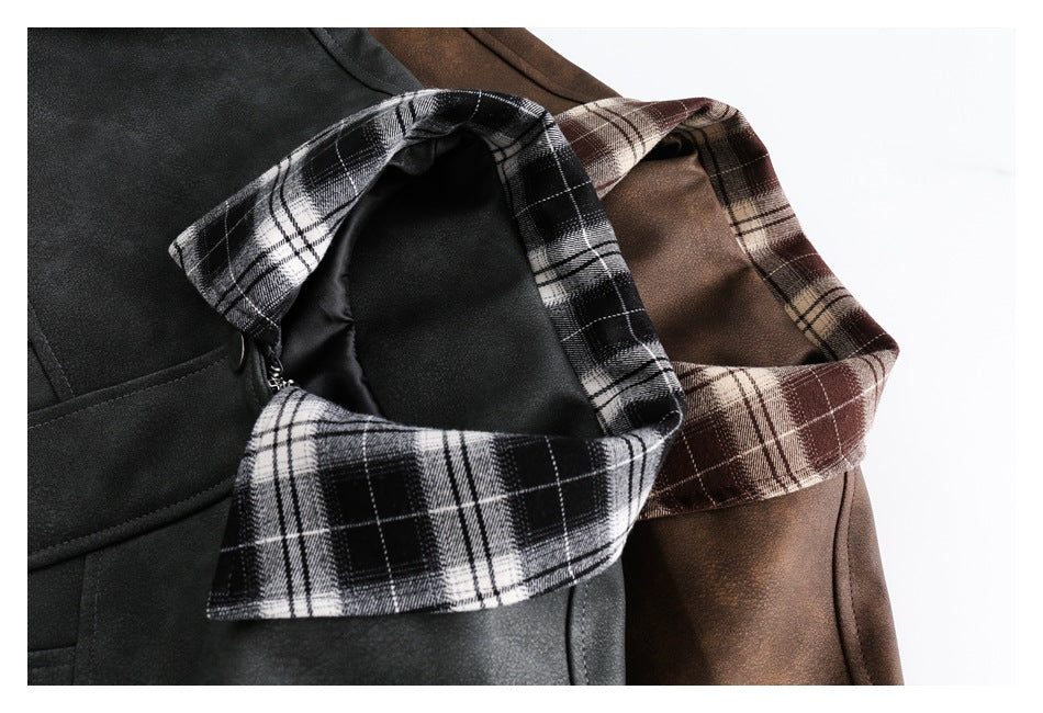 Close-up of the plaid collars on charcoal and brown jackets.